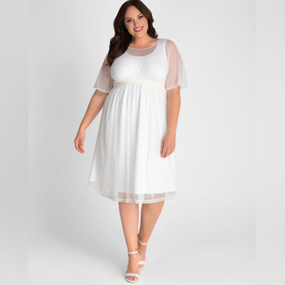 Kiyonna Bridal Stars A-line Midi Dress Plus Size 2X Ivory Mesh Polka Dot Wedding